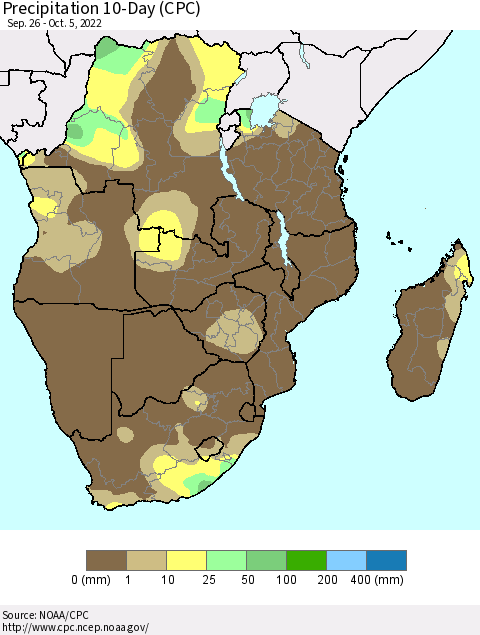 Southern Africa Precipitation 10-Day (CPC) Thematic Map For 9/26/2022 - 10/5/2022