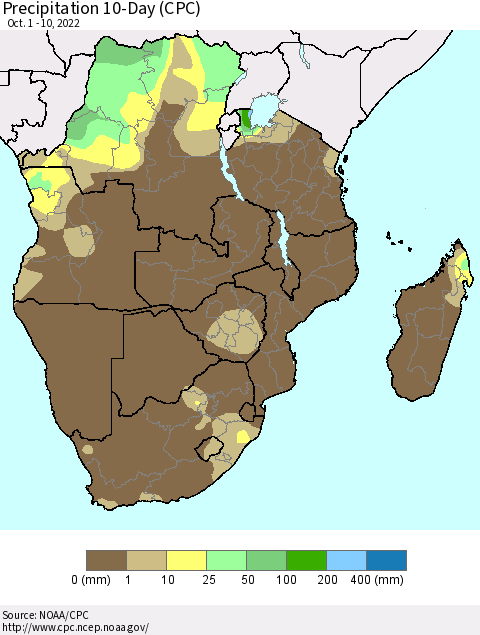 Southern Africa Precipitation 10-Day (CPC) Thematic Map For 10/1/2022 - 10/10/2022