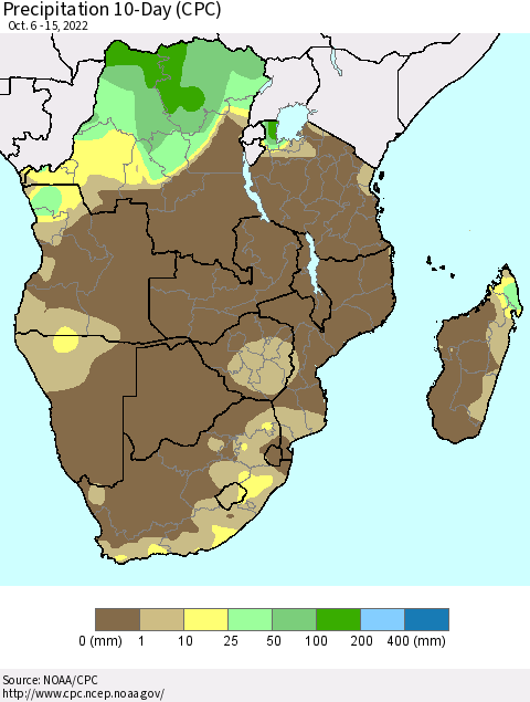 Southern Africa Precipitation 10-Day (CPC) Thematic Map For 10/6/2022 - 10/15/2022
