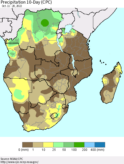 Southern Africa Precipitation 10-Day (CPC) Thematic Map For 10/11/2022 - 10/20/2022