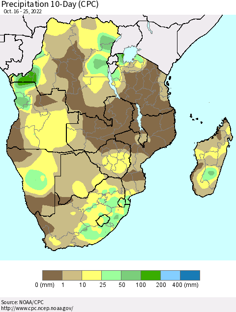Southern Africa Precipitation 10-Day (CPC) Thematic Map For 10/16/2022 - 10/25/2022