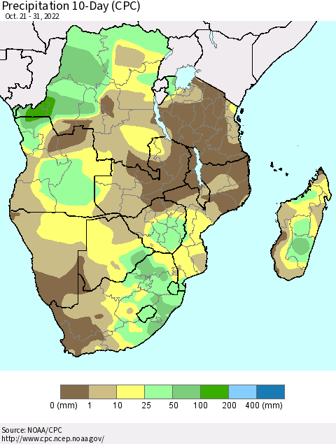 Southern Africa Precipitation 10-Day (CPC) Thematic Map For 10/21/2022 - 10/31/2022