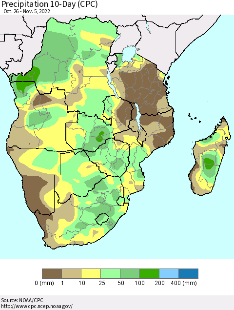 Southern Africa Precipitation 10-Day (CPC) Thematic Map For 10/26/2022 - 11/5/2022