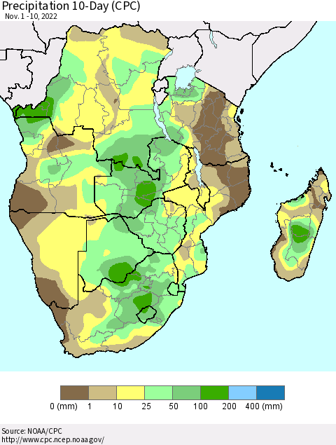 Southern Africa Precipitation 10-Day (CPC) Thematic Map For 11/1/2022 - 11/10/2022