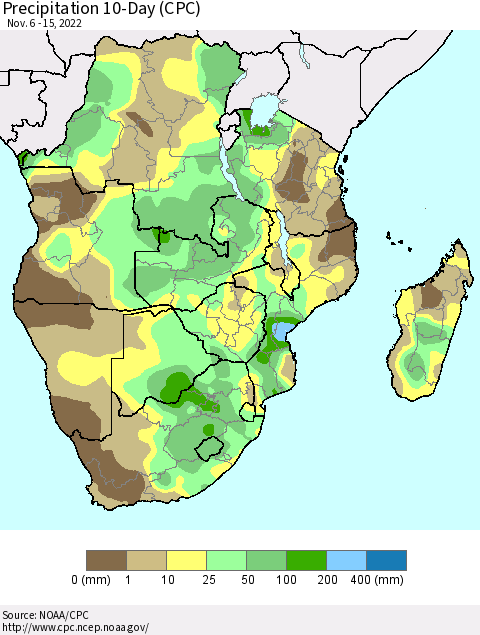 Southern Africa Precipitation 10-Day (CPC) Thematic Map For 11/6/2022 - 11/15/2022