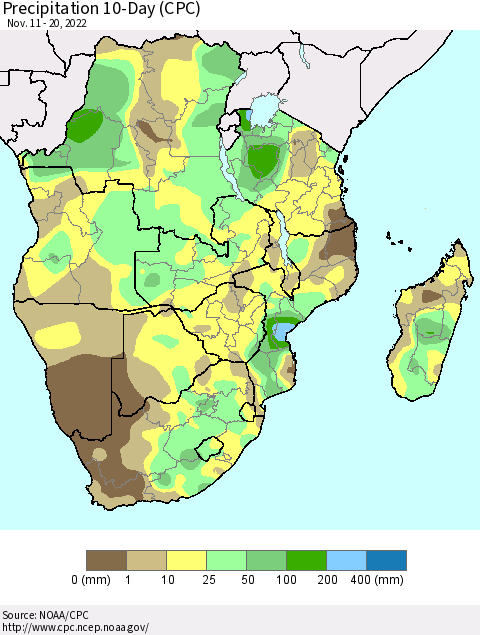 Southern Africa Precipitation 10-Day (CPC) Thematic Map For 11/11/2022 - 11/20/2022