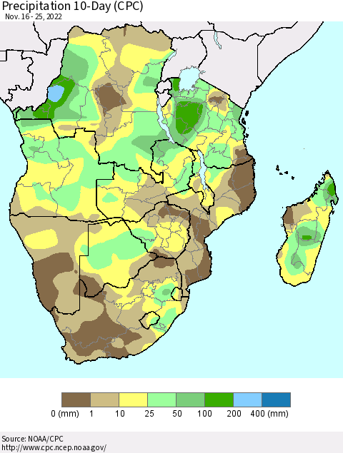 Southern Africa Precipitation 10-Day (CPC) Thematic Map For 11/16/2022 - 11/25/2022