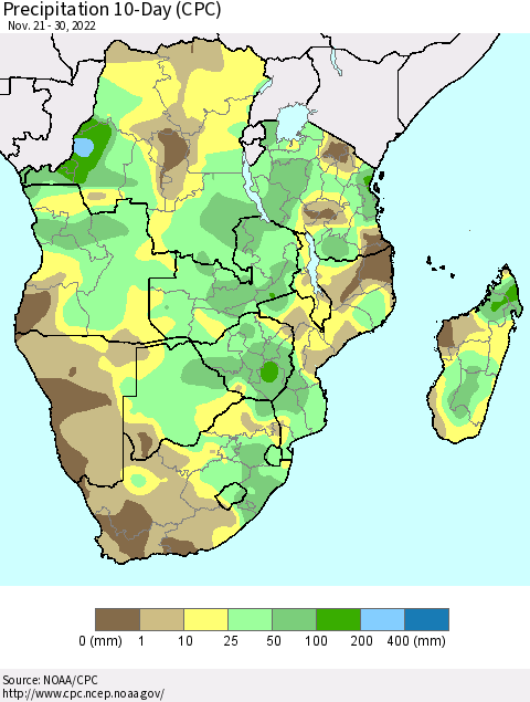 Southern Africa Precipitation 10-Day (CPC) Thematic Map For 11/21/2022 - 11/30/2022
