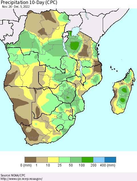 Southern Africa Precipitation 10-Day (CPC) Thematic Map For 11/26/2022 - 12/5/2022