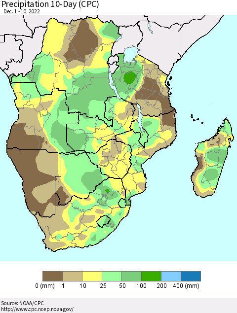 Southern Africa Precipitation 10-Day (CPC) Thematic Map For 12/1/2022 - 12/10/2022
