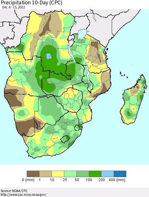 Southern Africa Precipitation 10-Day (CPC) Thematic Map For 12/6/2022 - 12/15/2022