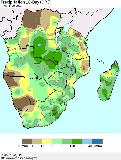 Southern Africa Precipitation 10-Day (CPC) Thematic Map For 12/11/2022 - 12/20/2022