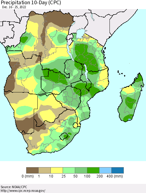 Southern Africa Precipitation 10-Day (CPC) Thematic Map For 12/16/2022 - 12/25/2022