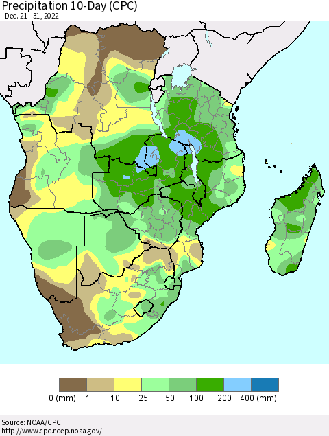 Southern Africa Precipitation 10-Day (CPC) Thematic Map For 12/21/2022 - 12/31/2022