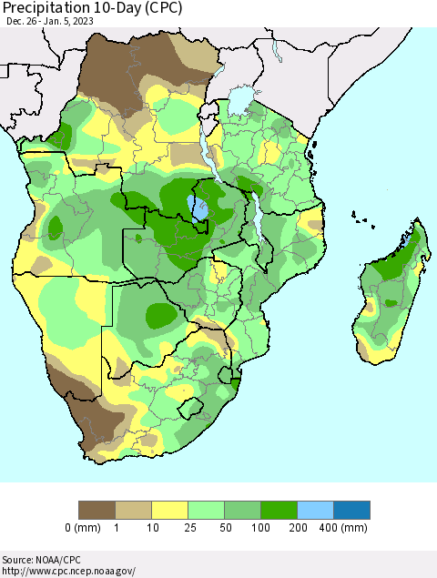 Southern Africa Precipitation 10-Day (CPC) Thematic Map For 12/26/2022 - 1/5/2023