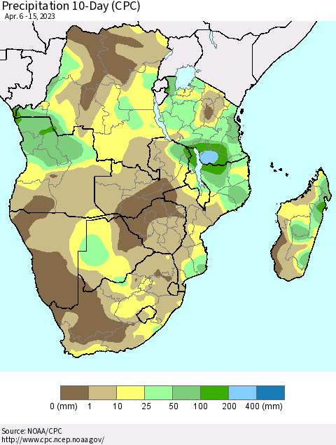 Southern Africa Precipitation 10-Day (CPC) Thematic Map For 4/6/2023 - 4/15/2023
