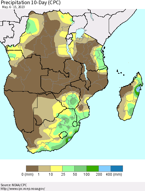 Southern Africa Precipitation 10-Day (CPC) Thematic Map For 5/6/2023 - 5/15/2023