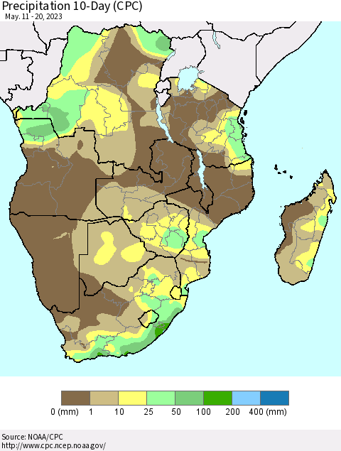 Southern Africa Precipitation 10-Day (CPC) Thematic Map For 5/11/2023 - 5/20/2023