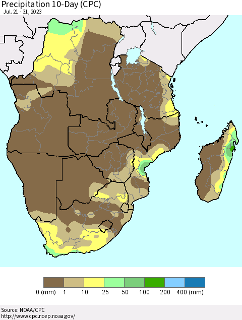 Southern Africa Precipitation 10-Day (CPC) Thematic Map For 7/21/2023 - 7/31/2023