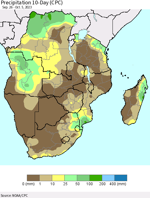 Southern Africa Precipitation 10-Day (CPC) Thematic Map For 9/26/2023 - 10/5/2023