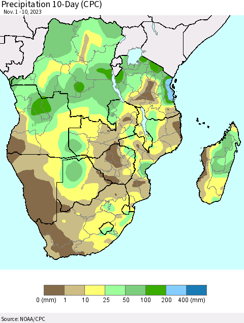 Southern Africa Precipitation 10-Day (CPC) Thematic Map For 11/1/2023 - 11/10/2023