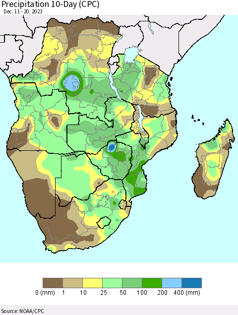 Southern Africa Precipitation 10-Day (CPC) Thematic Map For 12/11/2023 - 12/20/2023