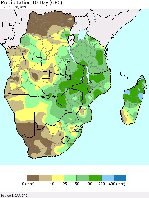 Southern Africa Precipitation 10-Day (CPC) Thematic Map For 1/11/2024 - 1/20/2024