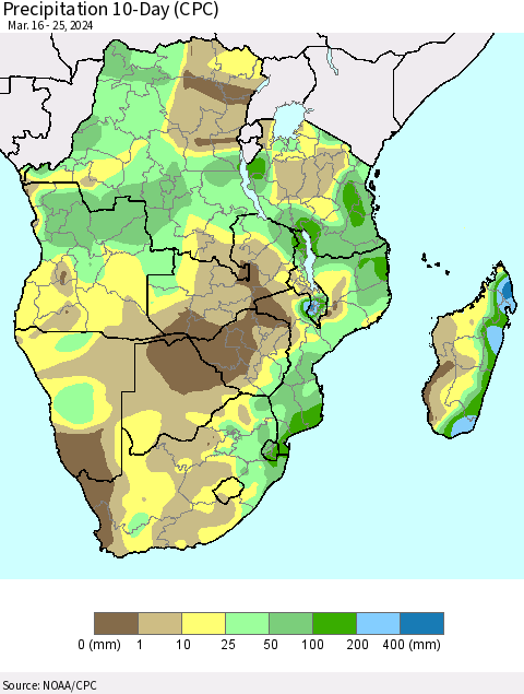 Southern Africa Precipitation 10-Day (CPC) Thematic Map For 3/16/2024 - 3/25/2024