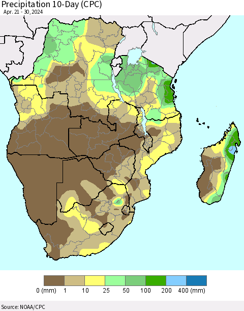 Southern Africa Precipitation 10-Day (CPC) Thematic Map For 4/21/2024 - 4/30/2024