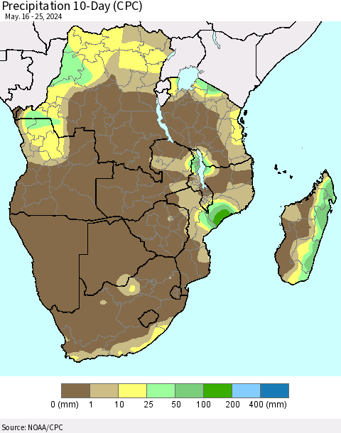 Southern Africa Precipitation 10-Day (CPC) Thematic Map For 5/16/2024 - 5/25/2024