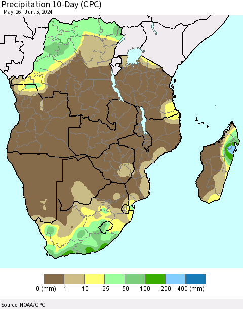 Southern Africa Precipitation 10-Day (CPC) Thematic Map For 5/26/2024 - 6/5/2024