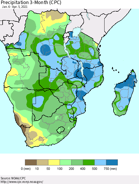 Southern Africa Precipitation 3-Month (CPC) Thematic Map For 1/6/2021 - 4/5/2021