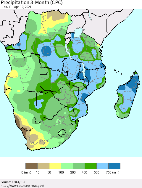 Southern Africa Precipitation 3-Month (CPC) Thematic Map For 1/11/2021 - 4/10/2021