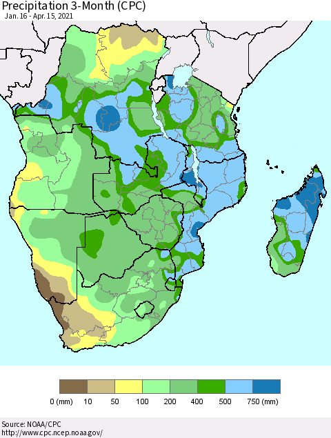 Southern Africa Precipitation 3-Month (CPC) Thematic Map For 1/16/2021 - 4/15/2021