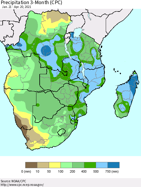 Southern Africa Precipitation 3-Month (CPC) Thematic Map For 1/21/2021 - 4/20/2021