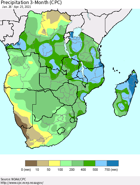 Southern Africa Precipitation 3-Month (CPC) Thematic Map For 1/26/2021 - 4/25/2021