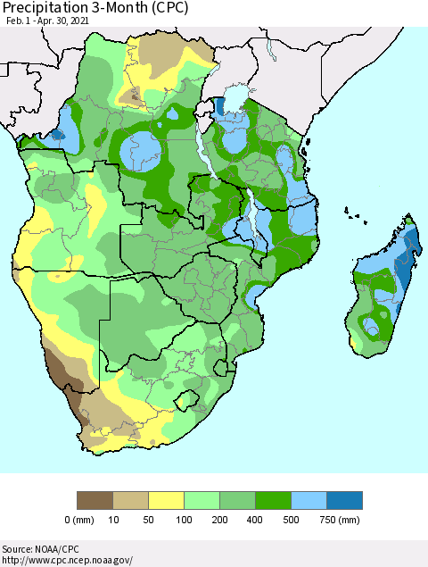 Southern Africa Precipitation 3-Month (CPC) Thematic Map For 2/1/2021 - 4/30/2021