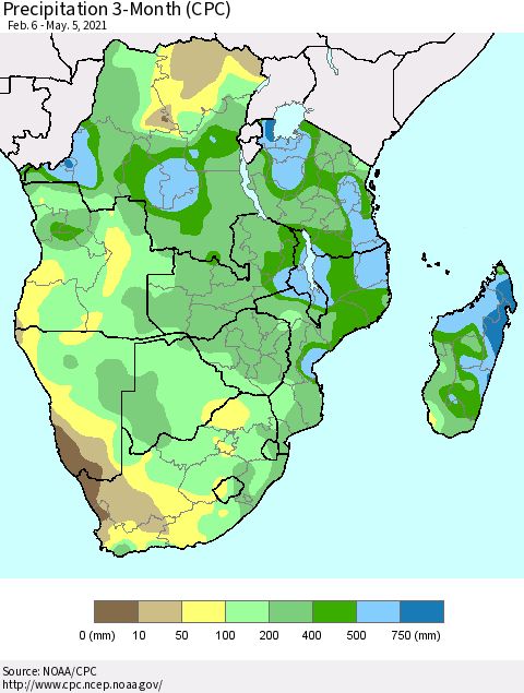 Southern Africa Precipitation 3-Month (CPC) Thematic Map For 2/6/2021 - 5/5/2021