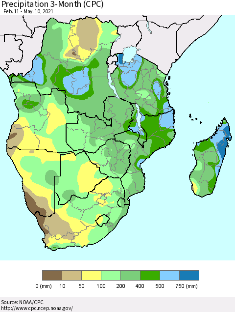 Southern Africa Precipitation 3-Month (CPC) Thematic Map For 2/11/2021 - 5/10/2021