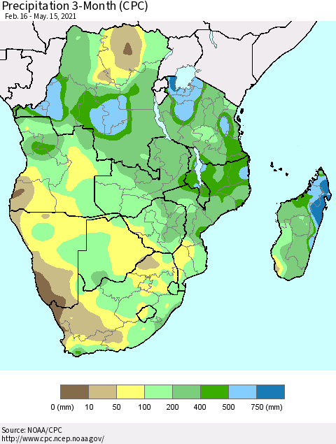 Southern Africa Precipitation 3-Month (CPC) Thematic Map For 2/16/2021 - 5/15/2021