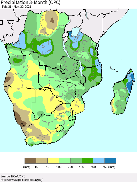 Southern Africa Precipitation 3-Month (CPC) Thematic Map For 2/21/2021 - 5/20/2021