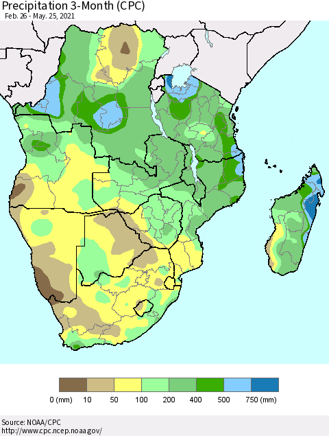 Southern Africa Precipitation 3-Month (CPC) Thematic Map For 2/26/2021 - 5/25/2021