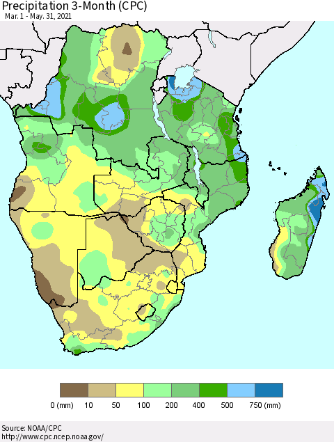 Southern Africa Precipitation 3-Month (CPC) Thematic Map For 3/1/2021 - 5/31/2021