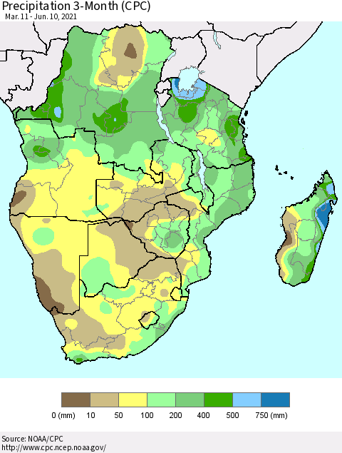 Southern Africa Precipitation 3-Month (CPC) Thematic Map For 3/11/2021 - 6/10/2021