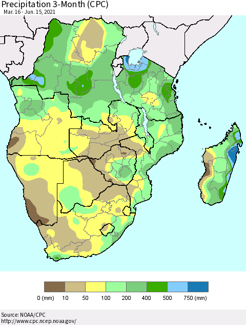 Southern Africa Precipitation 3-Month (CPC) Thematic Map For 3/16/2021 - 6/15/2021