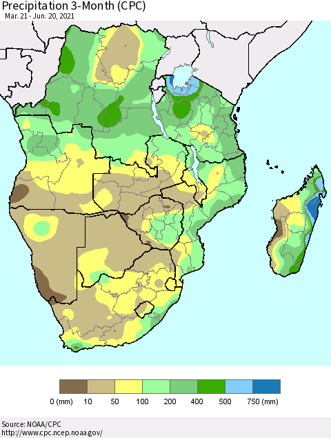 Southern Africa Precipitation 3-Month (CPC) Thematic Map For 3/21/2021 - 6/20/2021