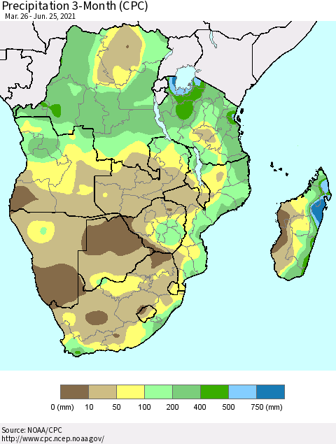 Southern Africa Precipitation 3-Month (CPC) Thematic Map For 3/26/2021 - 6/25/2021