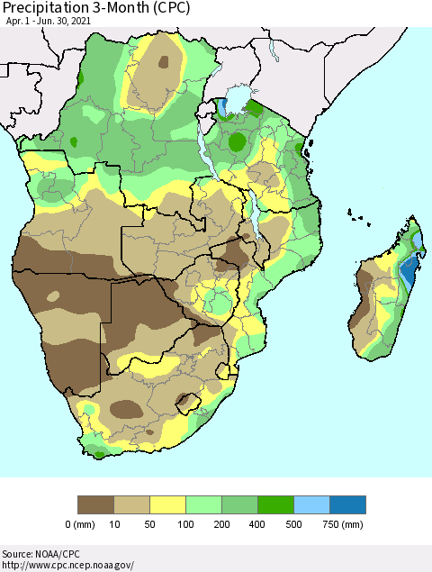 Southern Africa Precipitation 3-Month (CPC) Thematic Map For 4/1/2021 - 6/30/2021