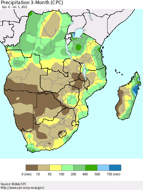 Southern Africa Precipitation 3-Month (CPC) Thematic Map For 4/6/2021 - 7/5/2021