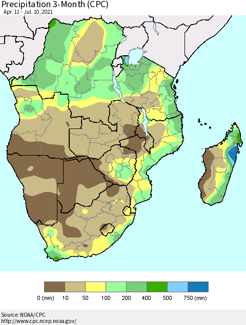 Southern Africa Precipitation 3-Month (CPC) Thematic Map For 4/11/2021 - 7/10/2021